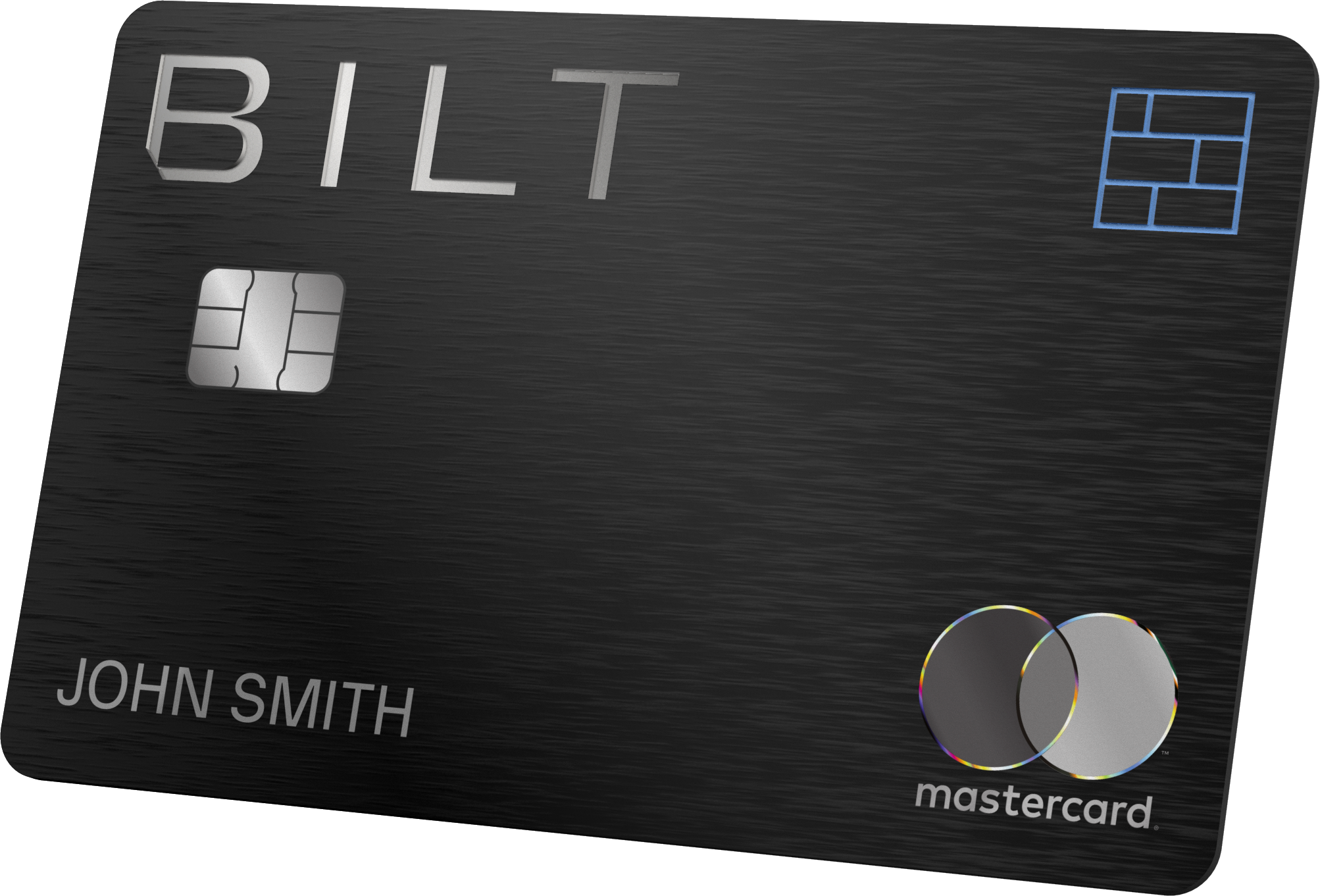 a black credit card with silver and blue text
